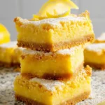 Stack of homemade keto lemon bars with almond flour crust and powdered sweetener on top, garnished with a lemon slice.