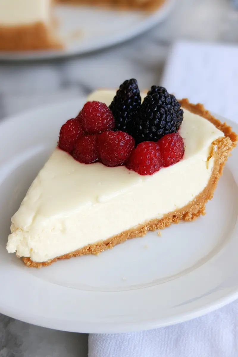 A slice of keto cheesecake recipe no bake topped with fresh raspberries and blackberries on a white plate.