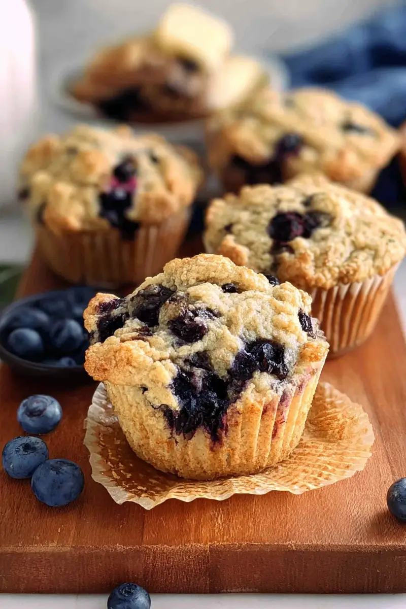 Close-up of a moist and fluffy muffin from a keto blueberry muffin recipe, filled with juicy blueberries and almond flour base, displayed on a wooden board.