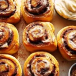 Freshly baked low-carb cinnamon rolls from a keto cinnamon rolls recipe, topped with powdered sweetener and served with cream cheese frosting.
