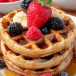 Stack of fluffy keto protein waffle topped with fresh berries, banana slices, and sugar-free syrup on a white plate.