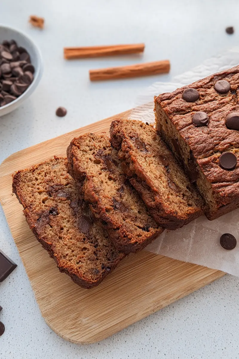 Sliced keto chocolate banana bread recipe on a wooden cutting board with chocolate chips.