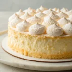 A high-resolution photograph of a dessert item, specifically a keto cloud cake recipe with a creamy, smooth texture and a delicate topping of sugar-based garnish. The style is a close-up food photograph with a focus on the textures and details of the cake and the garnish. The lighting is soft and diffused, giving the image a clean and appetizing look. The image is detailed, with a focus on the intricacies of the cake's surface and the sugar crystals on the topping. The colors are natural, with a creamy beige for the cake and a stark white for the sugar crystals.