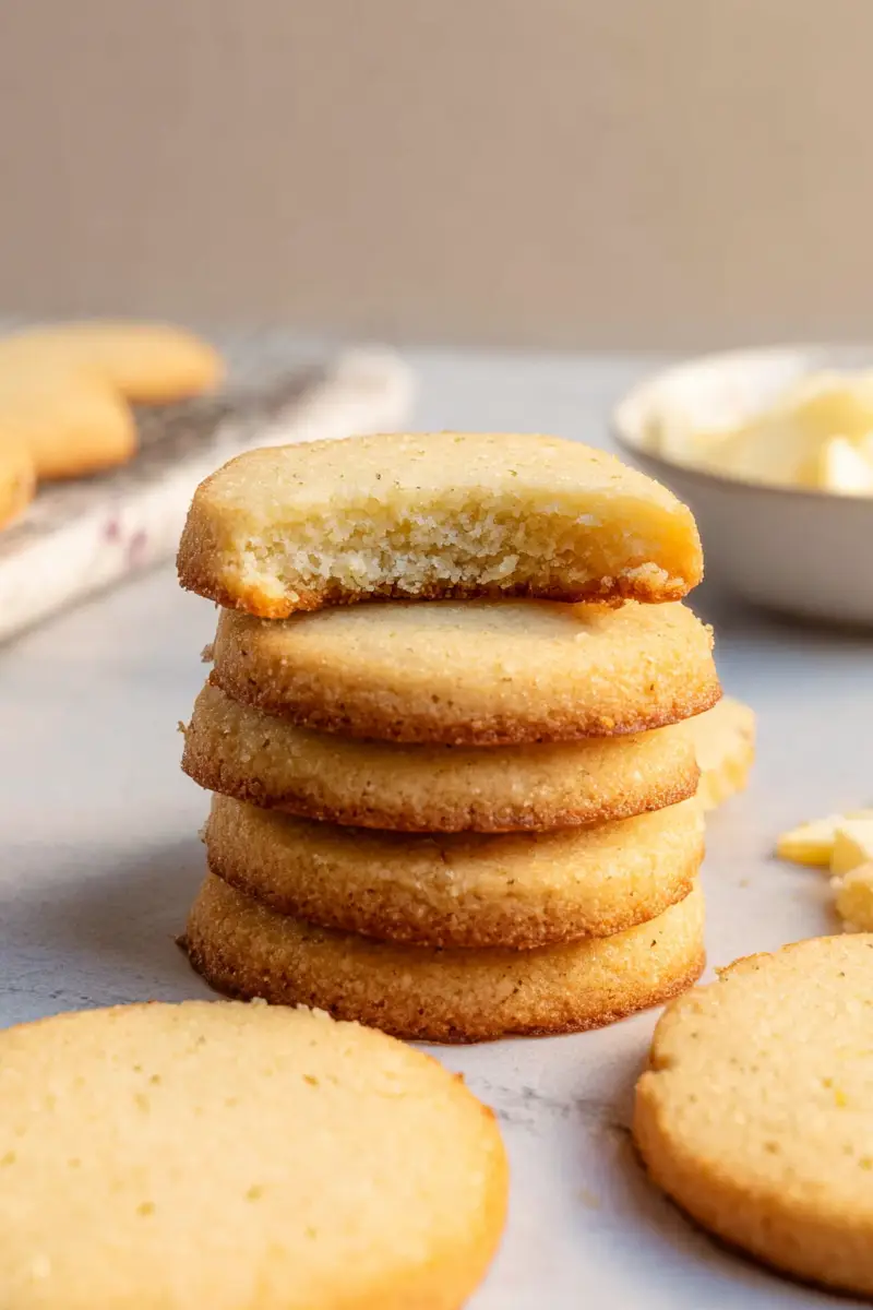 Stack of keto shortbread cookies with one bitten cookie on top showing buttery, crumbly texture.