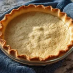 Keto Pie Crust baked until golden brown in a glass pie dish, resting on a blue kitchen towel