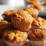 keto pumpkin muffins stacked on a plate with golden tops and moist texture, perfect low-carb fall dessert