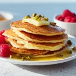 Fluffy keto pancakes stacked on a plate with butter, sugar-free syrup, pistachios, and fresh raspberries, perfect for a low-carb breakfast.