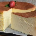 Keto Japanese cotton cheesecake with a golden top and a slice cut out, topped with a fresh strawberry