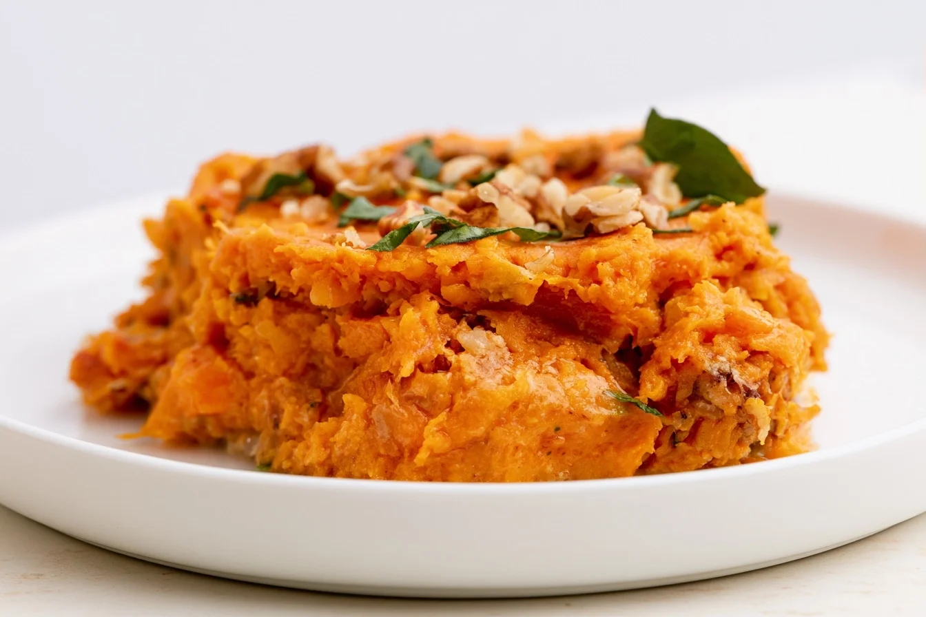 Keto Sweet Potato Casserole Dessert with Crunchy Pecan Topping